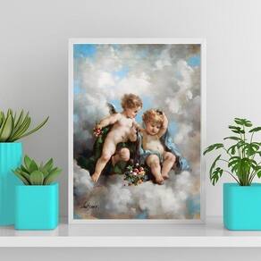 Quadro Decorativo Anjinhos Querubins 33X24Cm Com Vidro Preto