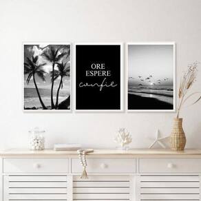 Kit 3 Quadros Praia Preto E Branco Ore Espere Confie 45X34Cm