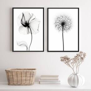Kit 2 Quadros Minimalistas Flores 45x34cm Madeira Branca