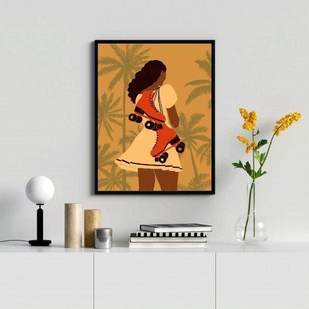 Quadro Decorativo Mulher Patins 33x24cm - Madeira Preta