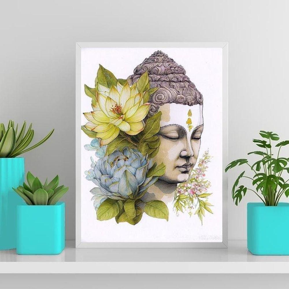 Quadro Aquarela Buda Com Flores 24X18Cm - Com Vidro Preta