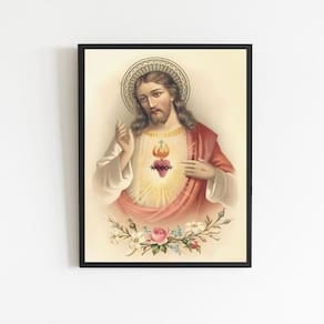 Quadro Sagrado Coração de Jesus Vintage 24x18cm Vidro Preta