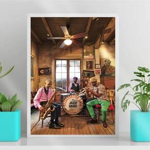Quadro Jazz Músicos New Orleans 45x34cm - Madeira Branca