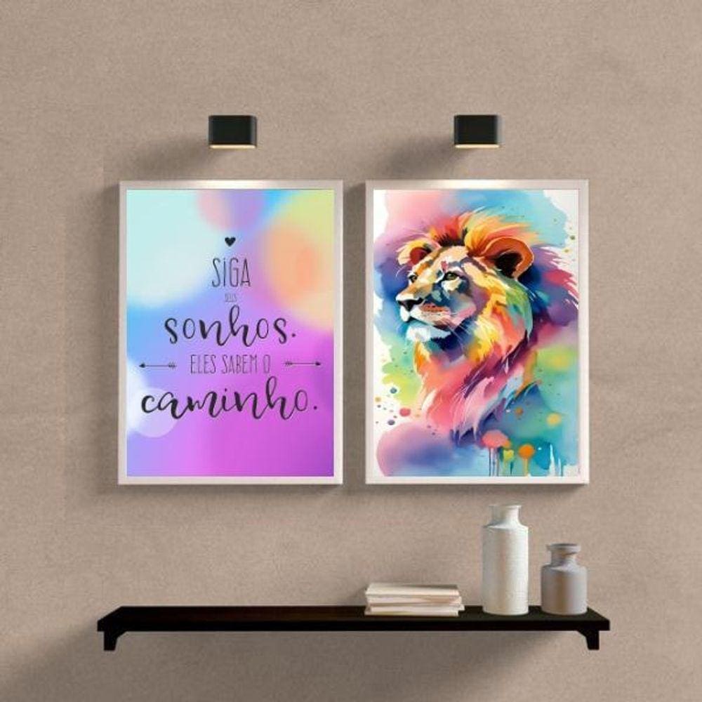 Kit 2 Quadros Leão Aquarela 33x24cm - Vidro e Moldura Branca