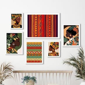 Kit 6 Quadros Estampas Africanas - Vidro e Madeira Preta