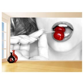 Papel De Parede 3D Arte Boca Lábios Cereja Sexy 3,5M Tra157