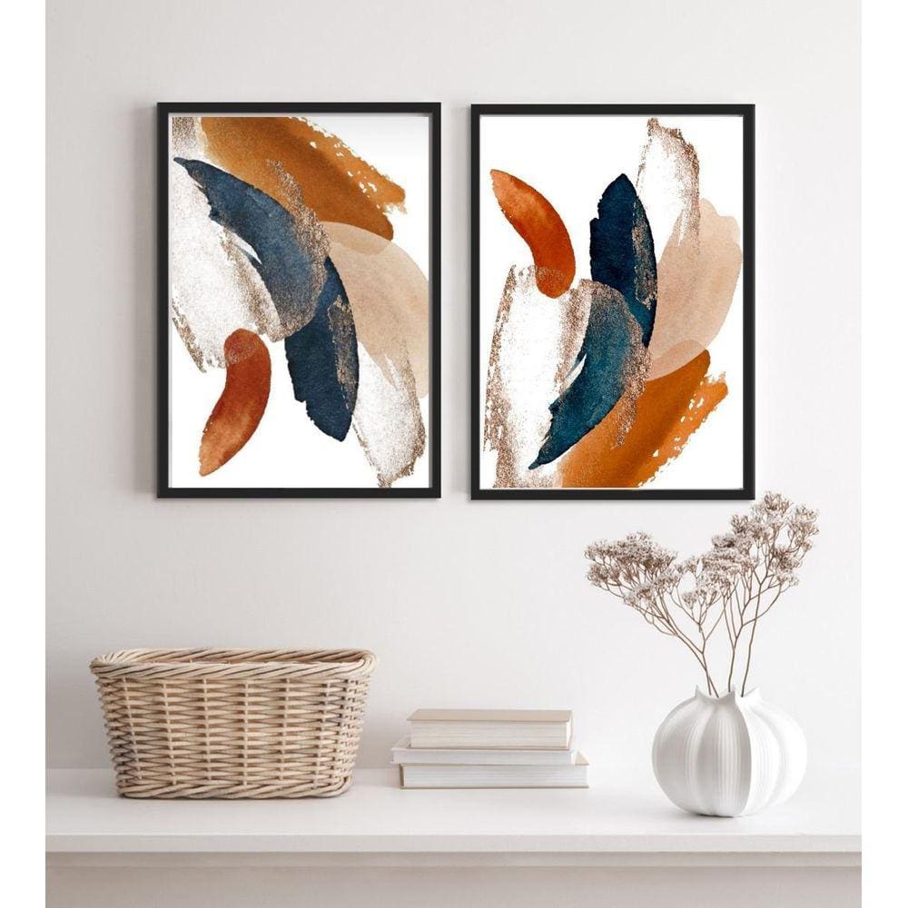 Conjunto 2 Quadros Abstratos Azul Terracota 33x24cm