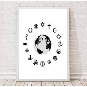 Quadro símbolos religiões 45x34cm - vidro e moldura branca