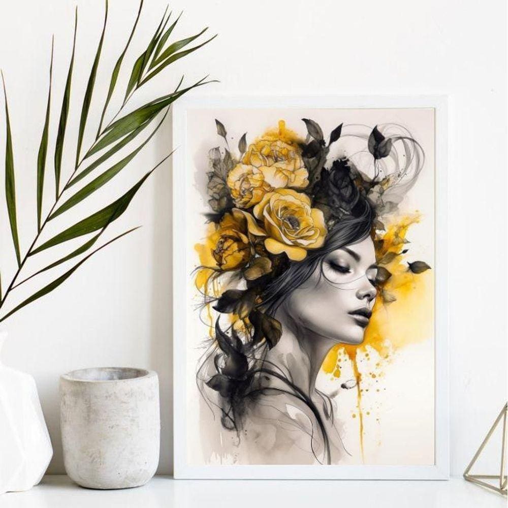 Quadro Decorativo Mulher Flores 33x24cm - Moldura Branca