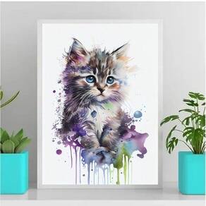Quadro Decorativo Baby Cat Aquarela 33x24cm - Com Vidro