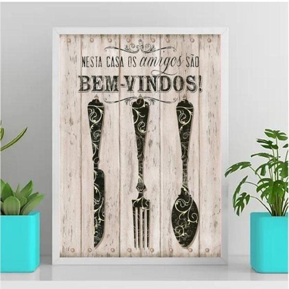 Quadro Cozinha Amigos São Bem Vindos 45X34Cm - Vidro Branca