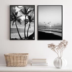 Quadros Decorativos Praia P&B 45x34cm c/ Vidro - Moldura Branca