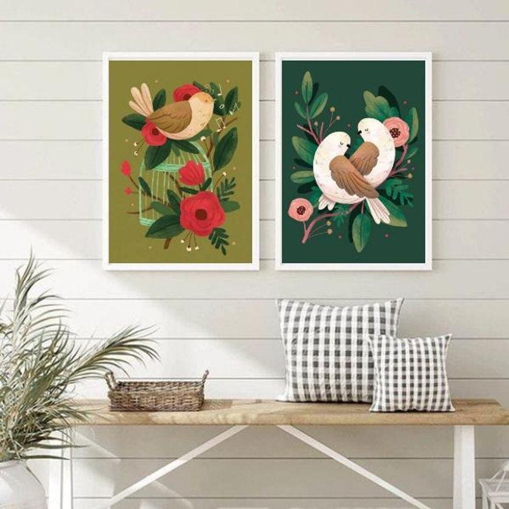 Kit 2 Quadros Vintage Passarinhos 33x24cm - Madeira Branca