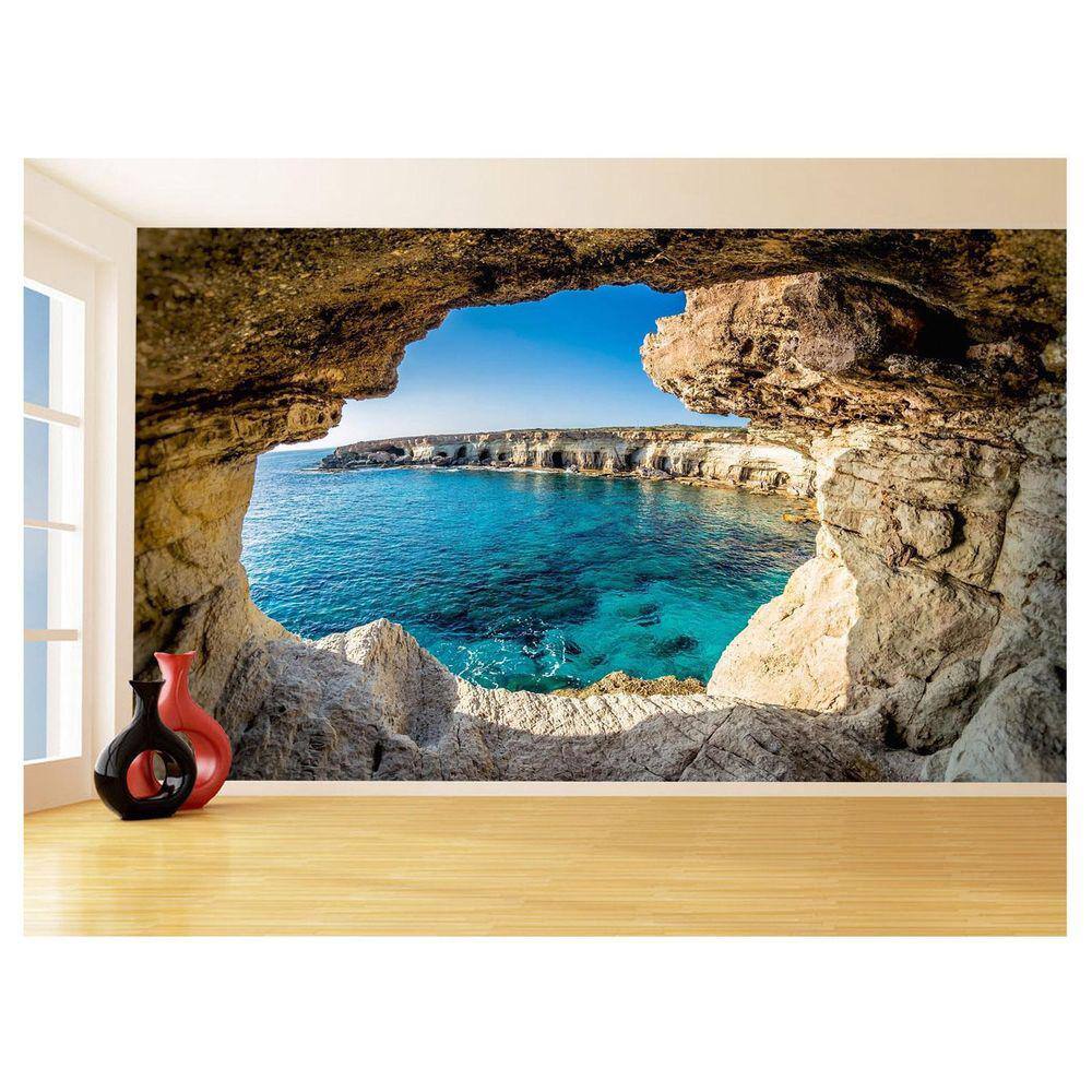 Papel De Parede 3D Praia Mar Gruta Caverna Água 3,5M Npr283