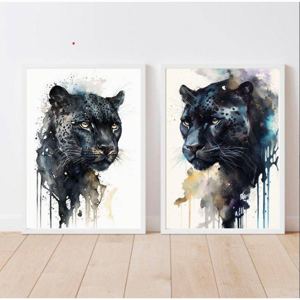 Kit 2 Quadros Pantera Negra - Aquarela 45x34cm
