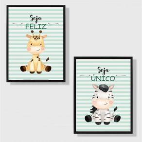 Kit 2 Quadros Infantil Tema Safari Seja Feliz 33X24Cm Vidro