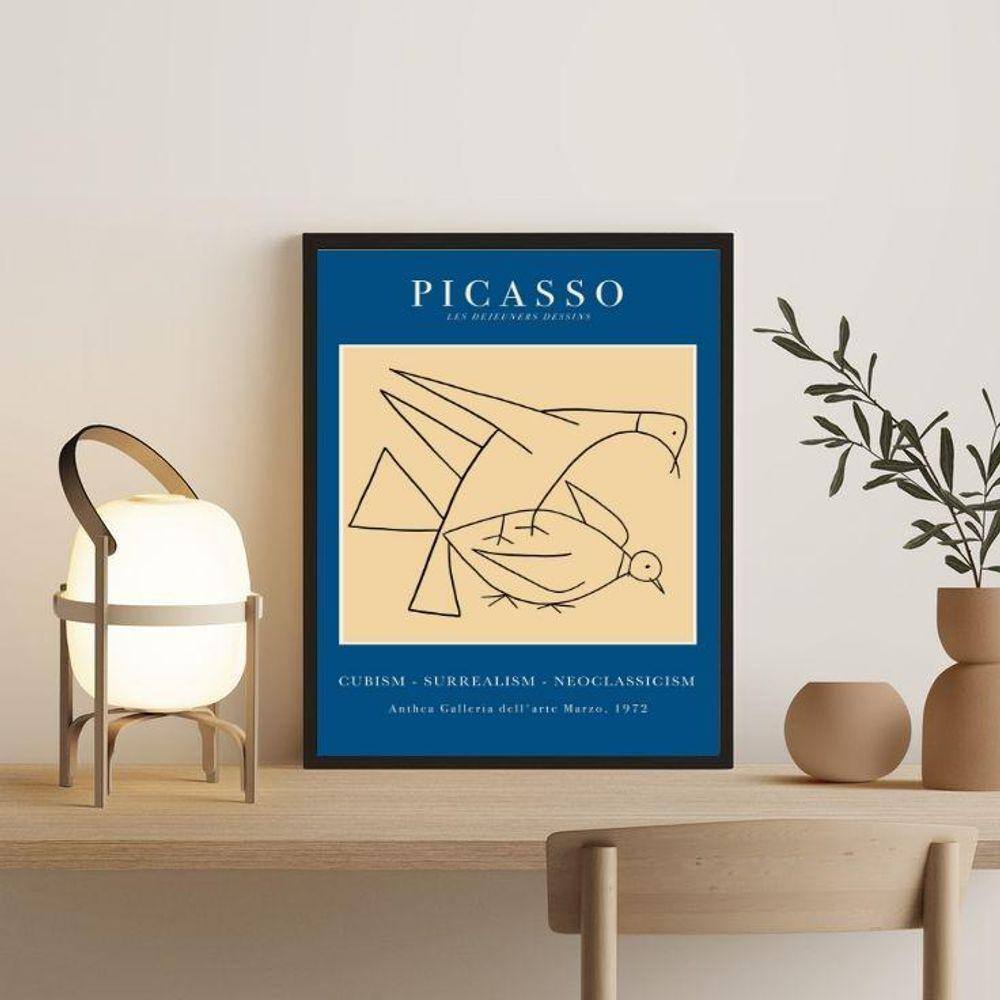 Quadro Picasso Azul Pássaros 33x24cm Madeira Branca