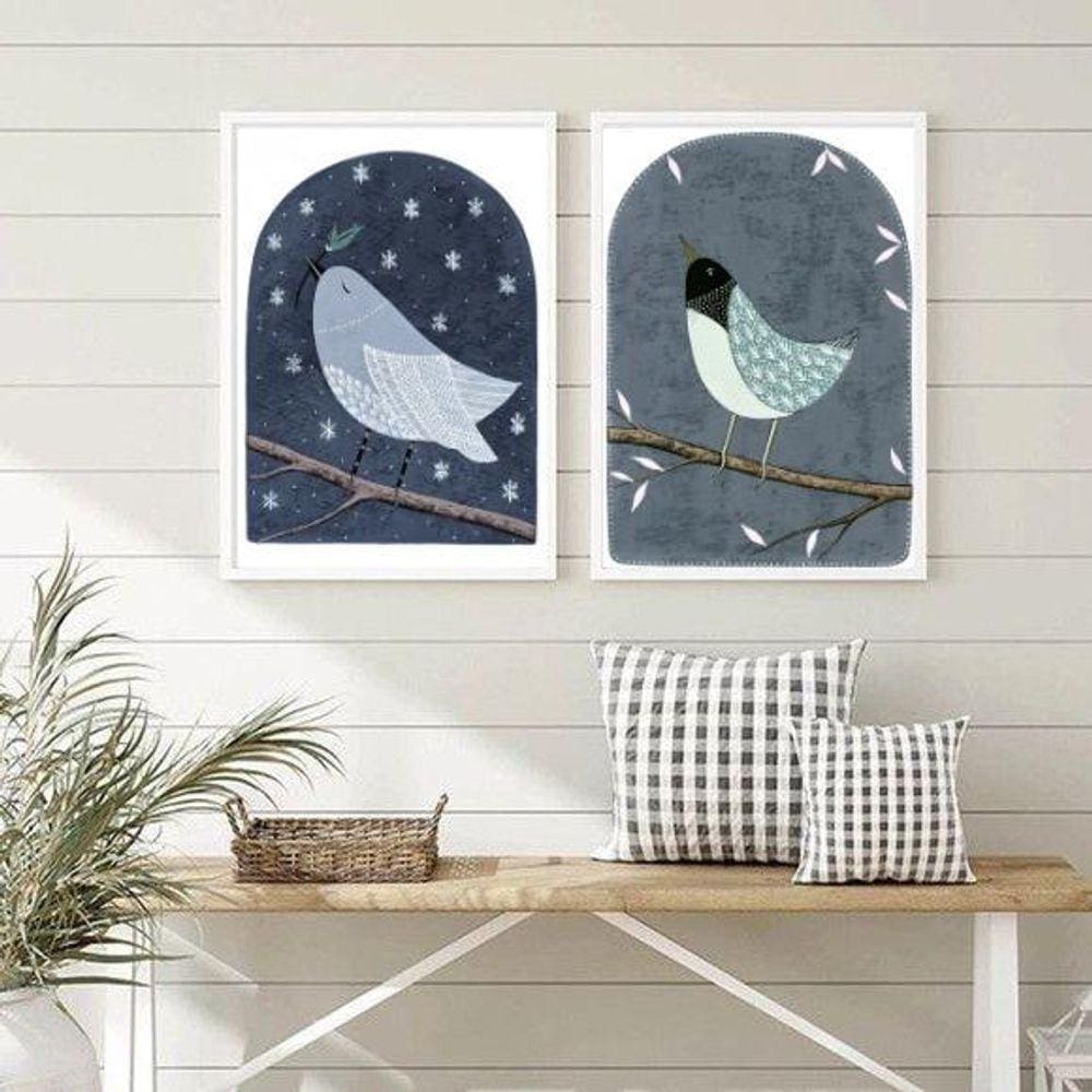 Quadros Passarinhos Azuis 24x18cm - Vidro e Moldura Branca