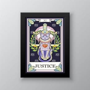Quadro Decorativo Tarot Justiça Gato 33x24cm - Madeira Preta
