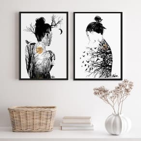 Quadros Mulheres Árvores Pássaros Lua 33x24cm - Preto