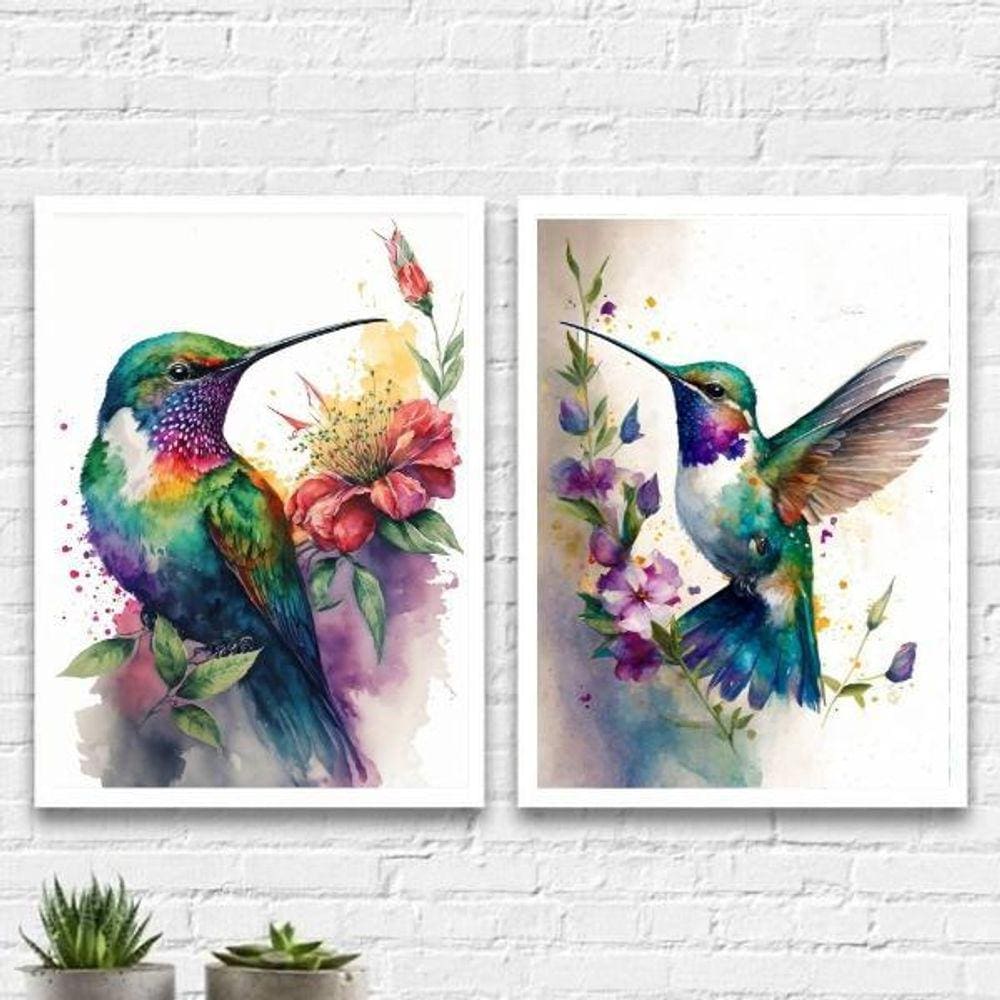 Kit 2 Quadros Beija-Flor Aquarela 33x24cm - Moldura Preta