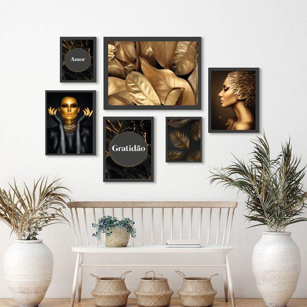 Kit 6 Quadros Pretos e Dourados Mármore - Vários Tamanhos