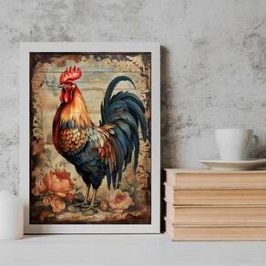 Quadro Galo Vintage 24x18cm - Vidro e Moldura Preta