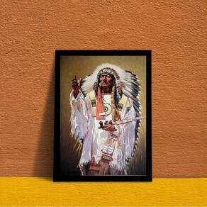 Quadro Caboclo Pena Branca 24x18cm - Vidro e Moldura Preta