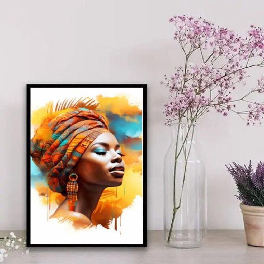 Quadro arte africana mulher 33x24cm - vidro, madeira preta