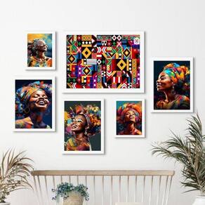 Kit 6 Quadros Mulheres Africanas - Madeira Branca