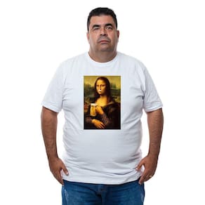 Camiseta do G1 ao G4 Plus Size Masculina Manga Curta Monaliza Cervejeira Com Abridor De Garrafas