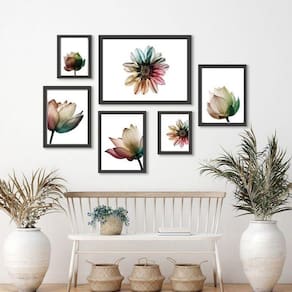 Kit 6 Quadros Florais Minimalistas - Madeira Branca