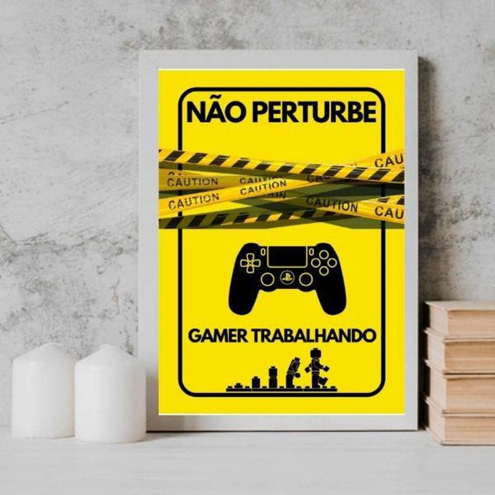 Quadro Para Porta Gamer Trabalhando 33X24Cm Preta