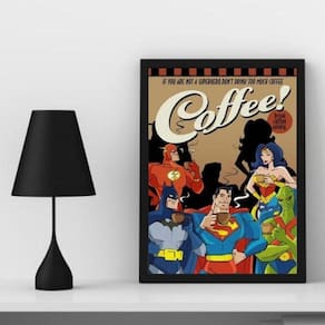 Quadro Decorativo Café Super Heróis 24x18cm - Moldura Preta
