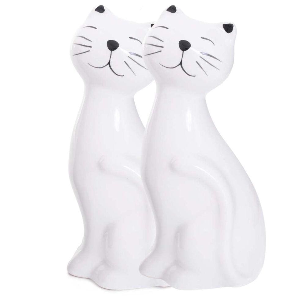 2 Esculturas de Gatinhos Enfeite Decoração Casa Cerâmica Pequeno Branco Preto Hale DEE02011 Branco Preto
