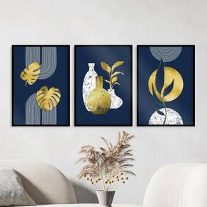 3 Quadros Abstratos Azul/Dourado 45x34cm - Madeira Preta