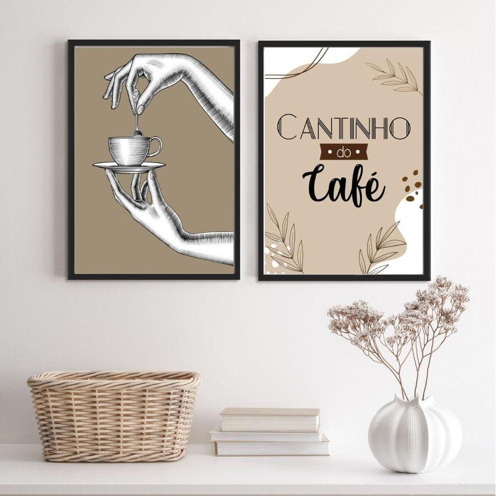 Kit 2 Quadros Cantinho Café Moderno 33x24cm | Madeira Branca
