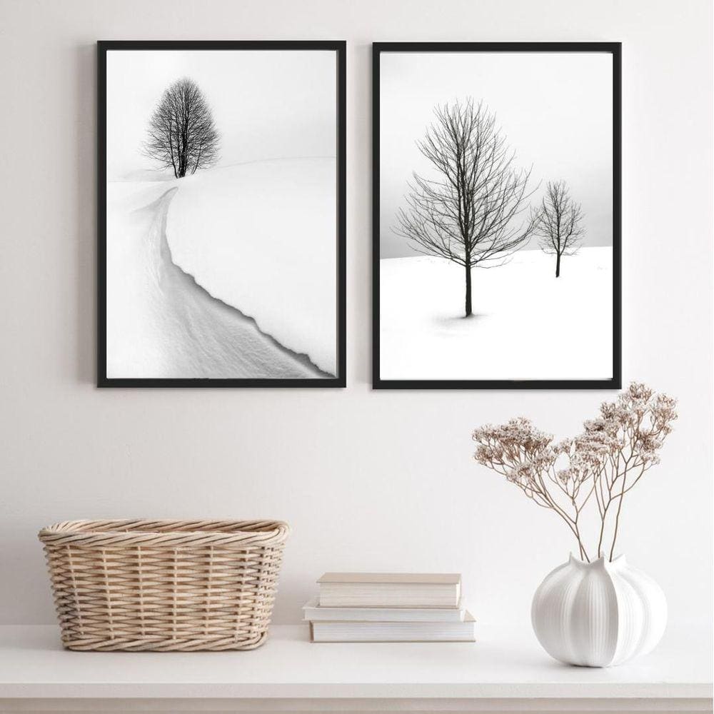 Kit 2 Quadros Paisagens Neve Árvores 45x34cm - Vidro e Moldura Preta