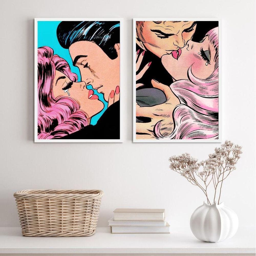 Quadros Casais Beijo Pop Art 33x24cm - Com Vidro e Moldura Preta