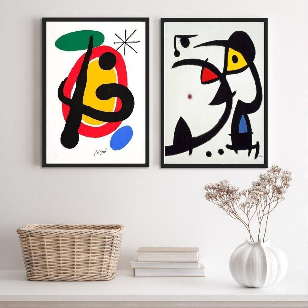 Kit 2 Quadros Abstratos Miró 45x34cm Vidro - Moldura Branca