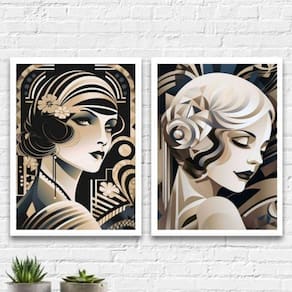 Kit 2 quadros mulheres art deco 24x18cm - com vidro