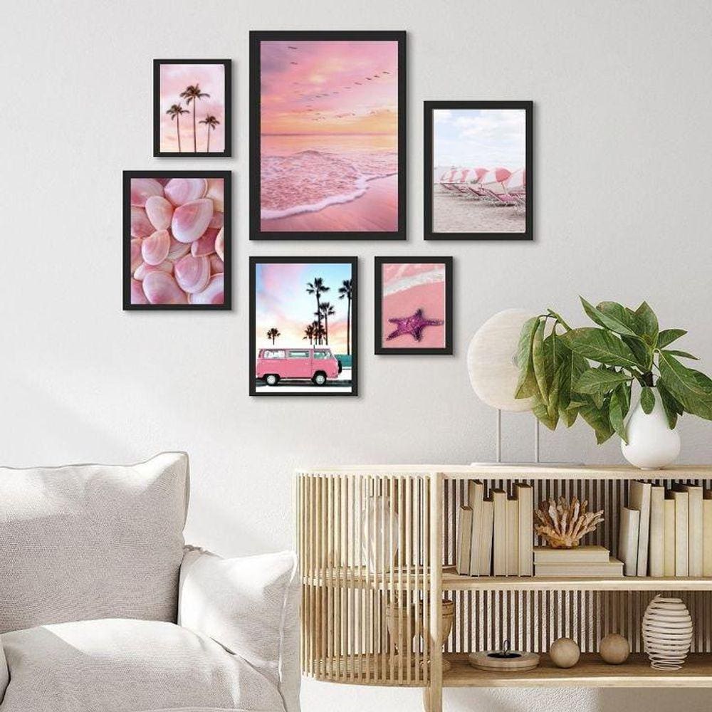 Kit 6 Quadros Praia Cor de Rosa - Moldura Preta