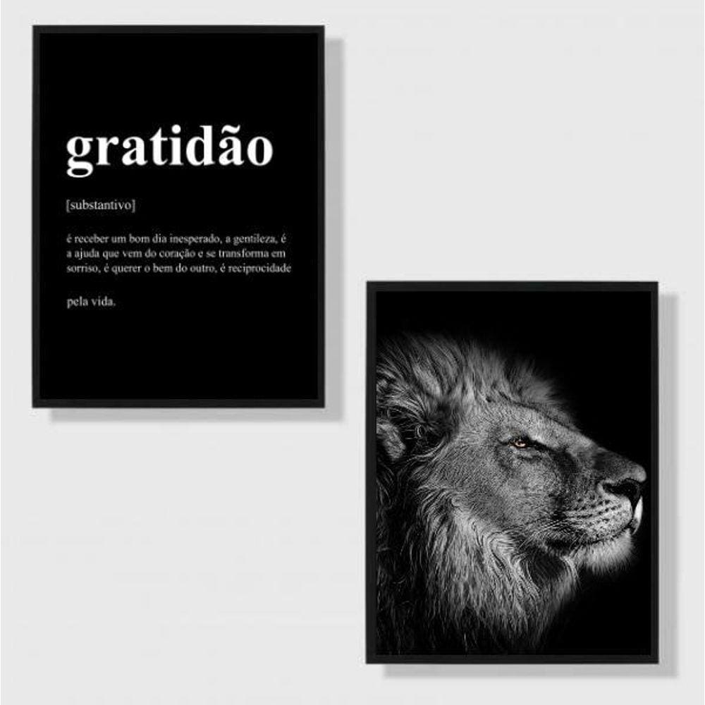 Kit 2 Quadros Leão Gratidão 33x24cm - Moldura Preta