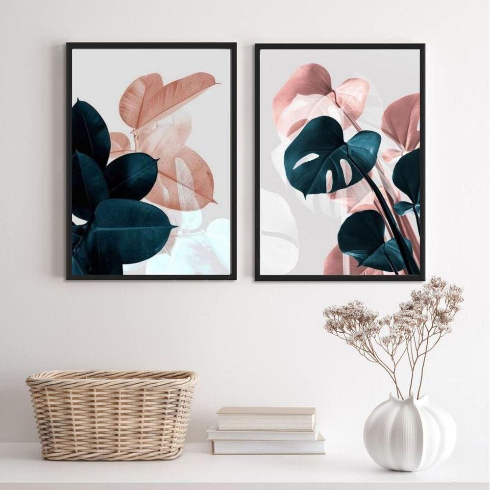 Quadros Modernos Folhas Petróleo Rosê 33x24cm 2 unidades