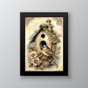 Quadro Passarinho Retrô Vintage 45x34cm - Madeira Branca