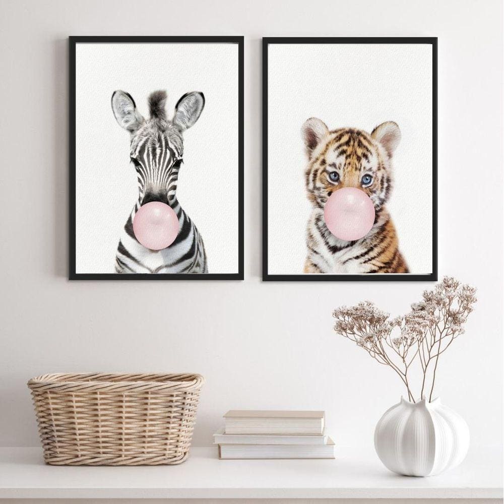 Kit 2 Quadros Zebra Tigre Bubble Gum 45x34cm - com Vidro