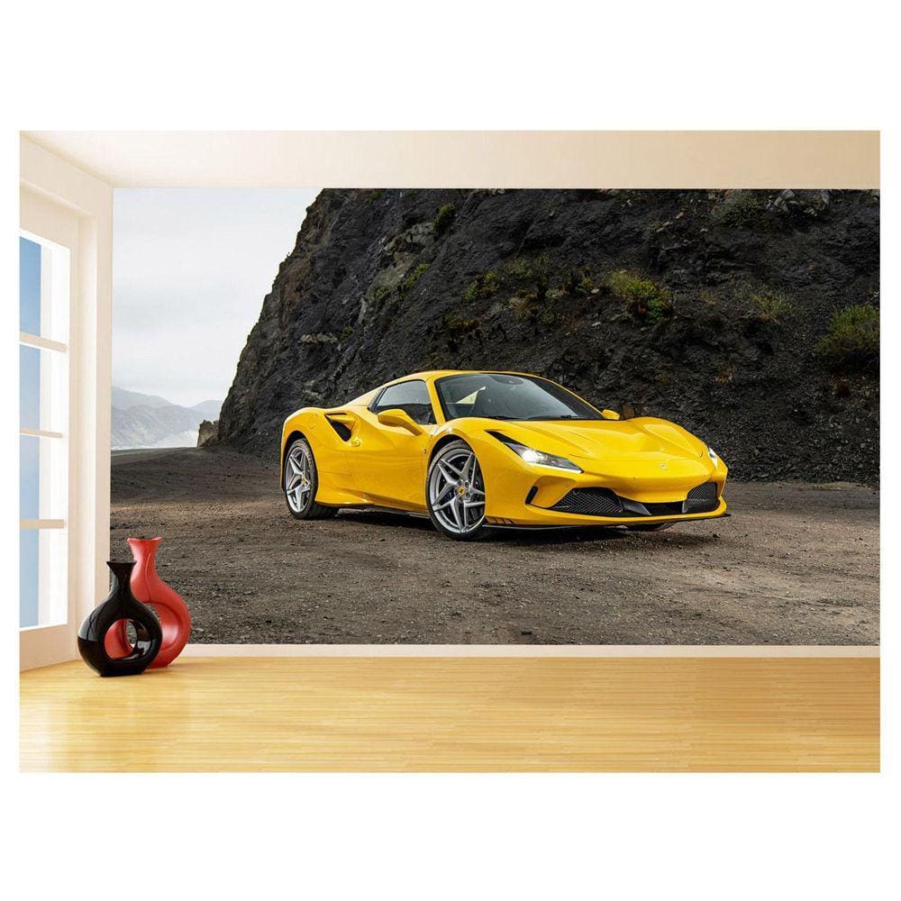 Papel De Parede 3D Carro Ferrari Amarela Fundo 3,5M Car124