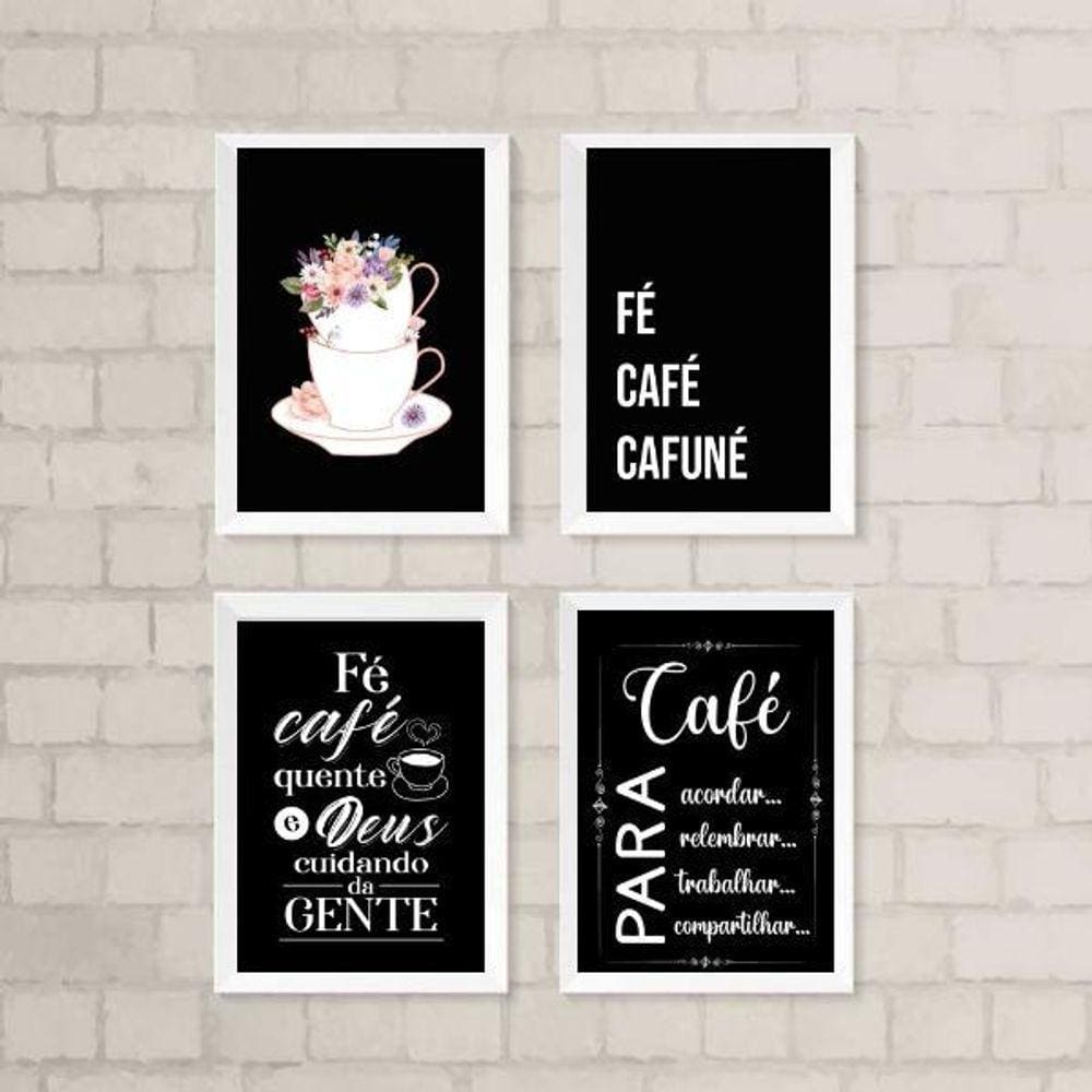 Kit 4 Quadros Café Preto 33x24cm c/ Vidro e Moldura Branca