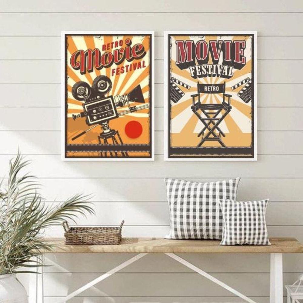 Kit 2 Quadros Cinema Retrô 45x34cm - Vidro, Moldura Madeira Branca