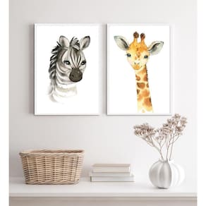 Kit 2 Quadros Animais Infantis 45x34cm - Moldura Branca
